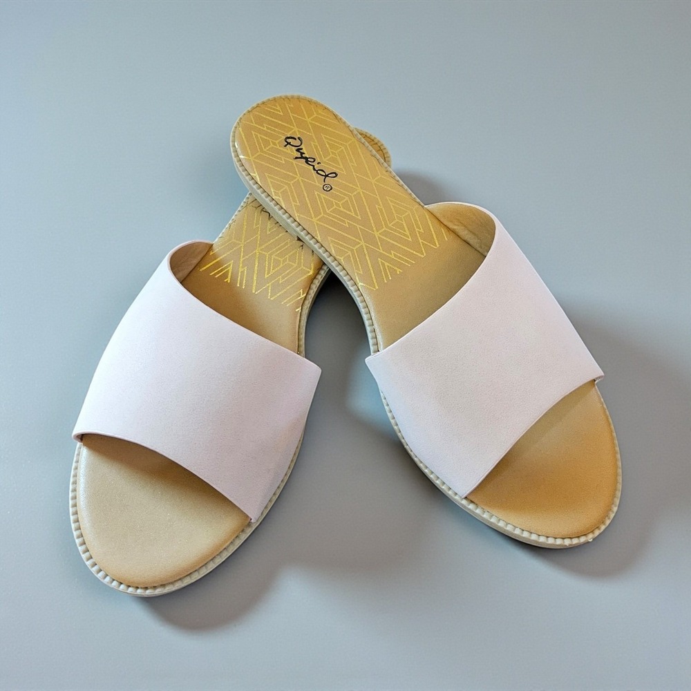 NEW Qupid Blush Pink Faux Suede‎ Slide Sandals Flat Slip On Open Toe Shoes SZ 9